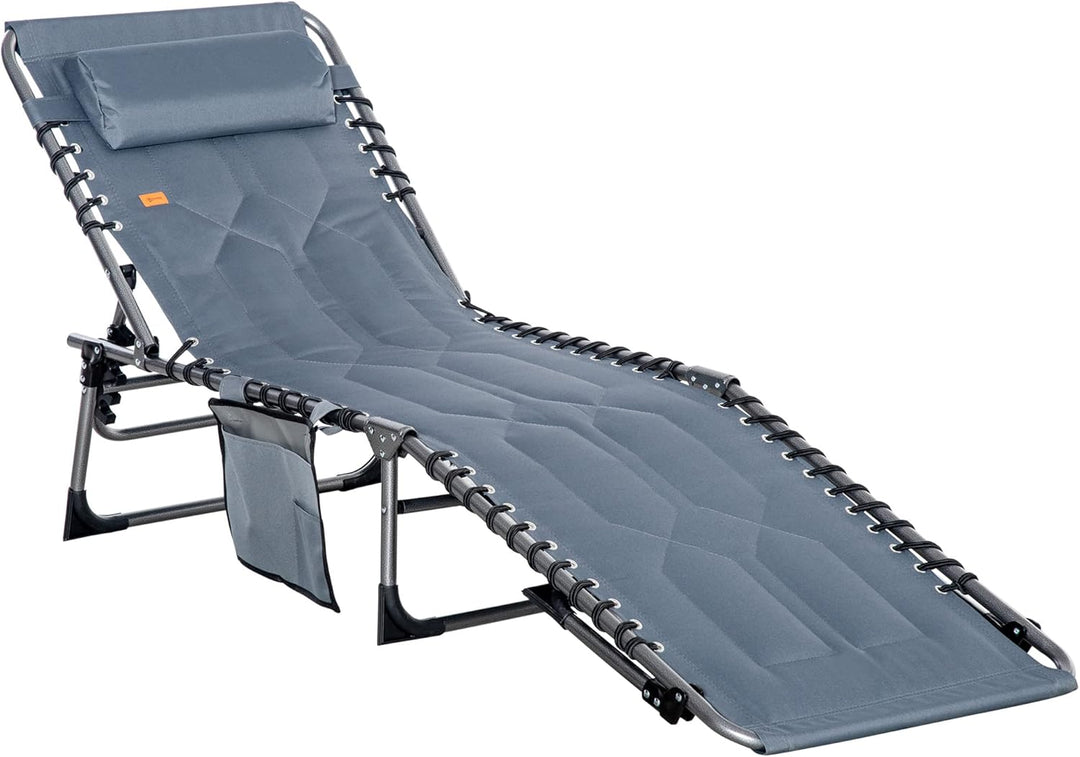 Outsunny Padded Outdoor Chaise – Foldable 6-Position Recliner with Headrest, Gray